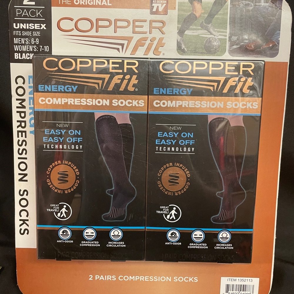 Copper Fit Energy Compression Socks Unisex-2 Pair (Black,S/M Men 6-9/Women 7-10)